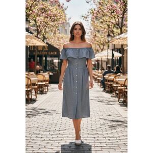 FRNCH Off-Shoulder Midi Dress Button Front Blue Gray Cottagecore Casual Size SM